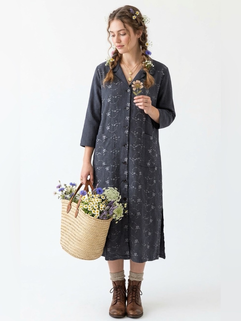 Vintage April Cornell Boho Cottagecore Shirt Dress Embroidered Earthy Goblincore